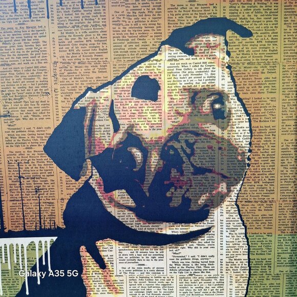 Artsy Vintage Dog Print On Newspaper Canvas Art Pug Retro Cozy Wall - Picture 2 of 5